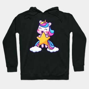 Cute Unicorn Flying With Star And Rainbow Cloud Cartoon Hoodie